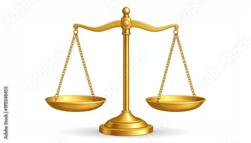 Golden balance justice law symbol, elegant golden scales representing fairness, equality, legal decisions, and honesty on a clean white background.