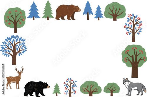 Wild animals and trees illustration in a forest landscape scene from a frontal viewpoint