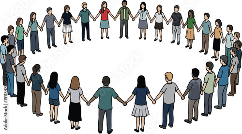 Diverse group of people standing in a circle holding hands in a gesture of unity and solidarity from a top-down viewpoint