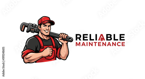 Reliable Maintenance Plumber Logo with Man Holding Wrench.
