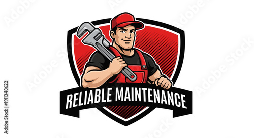 Reliable Maintenance Logo with Plumber Holding Wrench.
