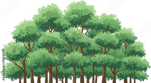 Cluster of trees with lush green foliage standing together in a serene illustration