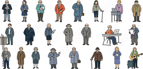 Diverse group of people engaging in various activities and occupations, showcasing different lifestyles and professions from a frontal viewpoint