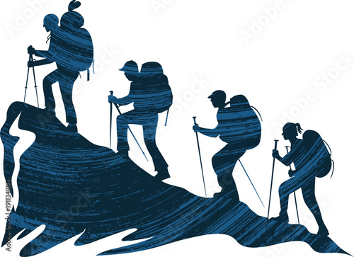 Group of four hikers climbing steep mountain peak with backpacks and trekking poles in blue textured silhouette style outdoor adventure