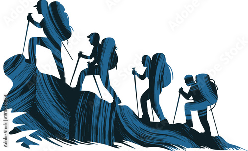Group of four hikers with backpacks and trekking poles climbing a mountain peak in blue textured silhouette style outdoor adventure