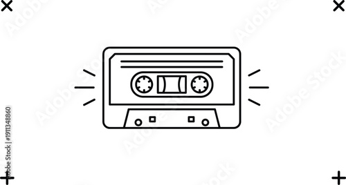 Vintage cassette tape icon with zoom interface symbols vector illustration retro audio media outline design