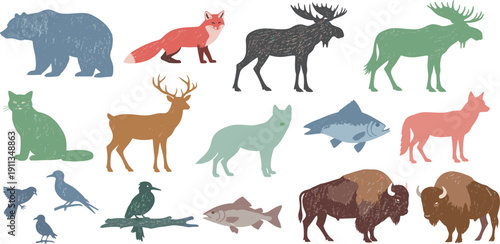 Collection of various animal silhouettes in different colors on a clean background