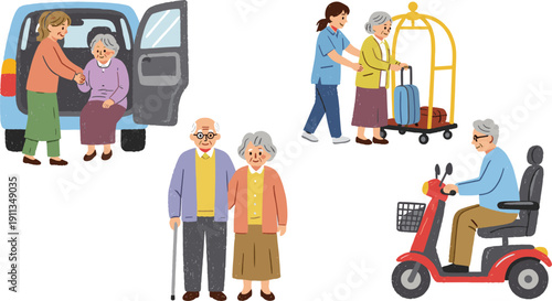 Elderly people being assisted with transportation and luggage at a travel destination, showcasing accessibility and care for seniors.