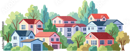 Colorful houses and trees in a suburban neighborhood scene viewed from above