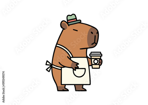 Cute capybara barista walking while holding coffee cup. Flat vector cartoon animal mascot perfect for cafe branding, beverage marketing, stickers, social media, and packaging design.