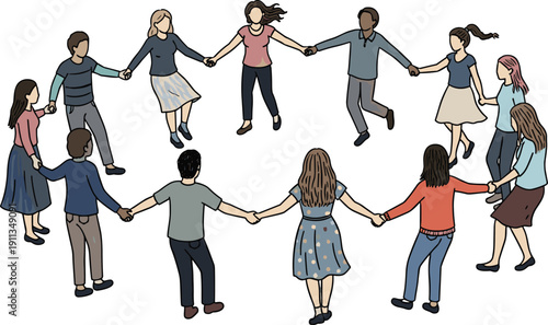 Diverse group of people holding hands in a circle, promoting unity and togetherness in a vibrant illustration
