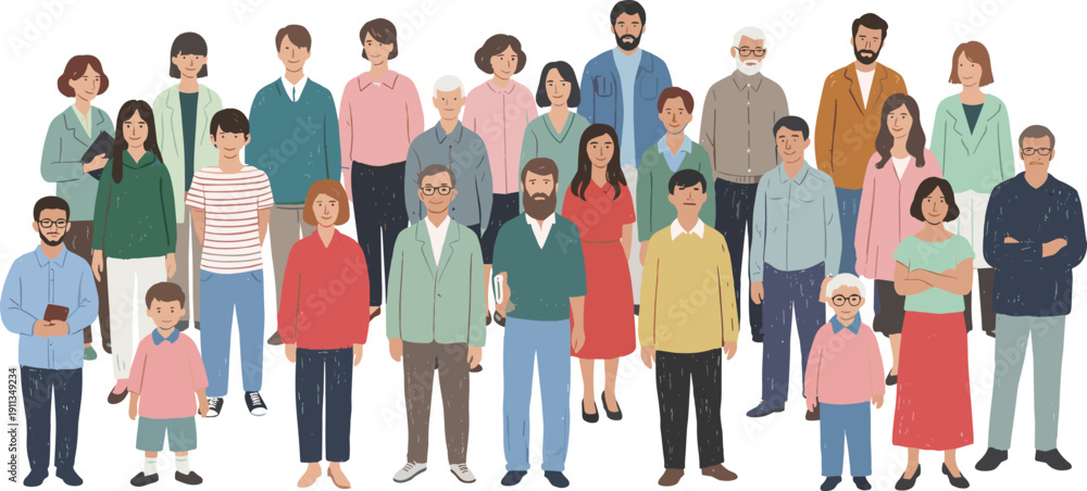 Obraz premium Diverse group of people standing together in a vibrant community setting from a frontal viewpoint