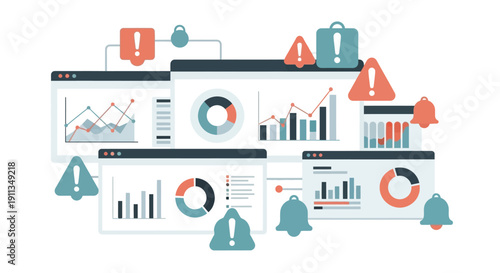 Data analysis dashboards with alerts and warnings, financial charts, graphs, and reports