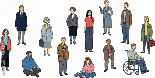 Diverse group of people in various poses and attire standing and sitting together in a simple setting