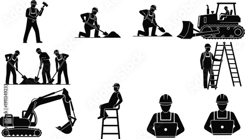 Construction worker silhouettes set with heavy equipment, excavation machinery, builders, engineers using laptop, ladder and digging tools vector illustration