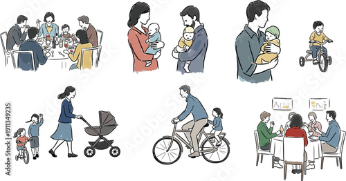 Family members engaging in various activities together, showcasing daily life and interactions in a modern setting from an illustrative viewpoint.