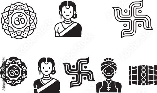 diwali Traditional Indian symbols and attire icon collection of religious symbols and cultural icons from various faiths isolated on white background, illustration