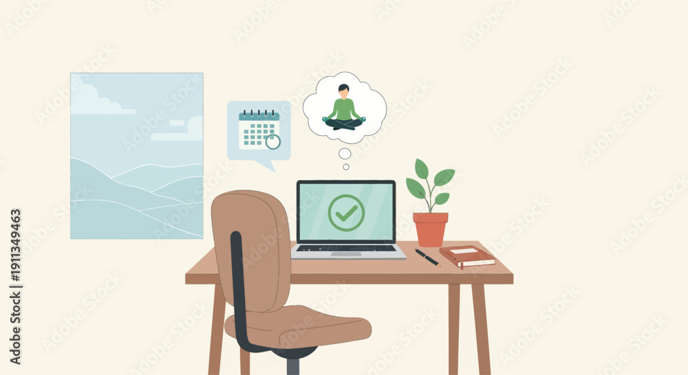 Fototapeta premium Desk with laptop showing checkmark, calendar, plant, and meditation thought bubble