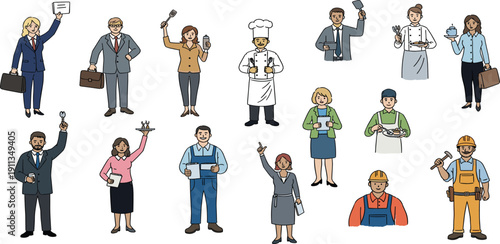 Diverse professionals from various occupations gathered together in a celebratory scene, showcasing different uniforms and tools, from a frontal viewpoint