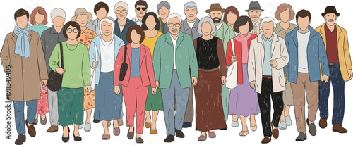 Diverse group of people standing together in a crowd, showcasing various lifestyles and cultures from different age groups and professions