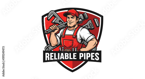Reliable Pipes Plumber Logo with Man Holding Wrenches.