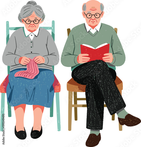 Elderly couple sitting together in chairs, engaging in hobbies on a calm day indoors