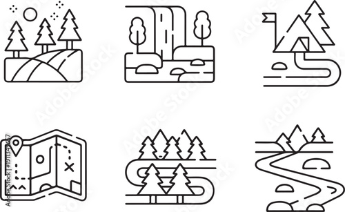 Various illustrations of hiking trails and maps for outdoor adventures isolated on white background, illustration