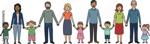 Diverse family members holding hands in a line, showcasing unity and togetherness in a simple illustration
