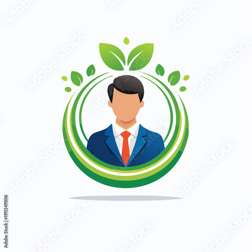 Stylized businessman icon within a vibrant green leaf circle, symbolizing eco-friendly enterprise and sustainable development