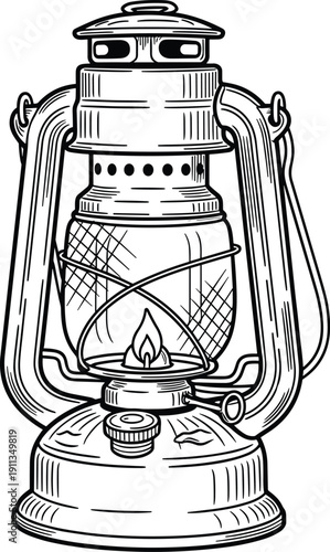 Vintage kerosene lantern illustration with detailed line art, retro oil lamp isolated, antique camping light vector engraving style