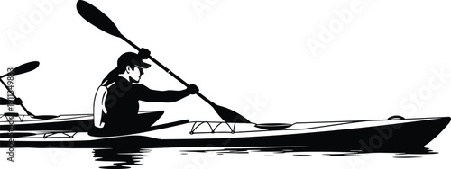 Professional kayaking silhouette featuring a person paddling on calm water with reflective surface and scenic background for outdoor adventure sports and recreation vector illustration
