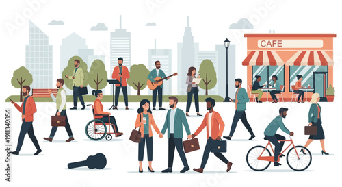 Diverse city life: people walking, cycling, playing music, and dining at a cafe