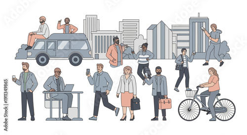 Diverse City People Commuting and Working in Urban Environment