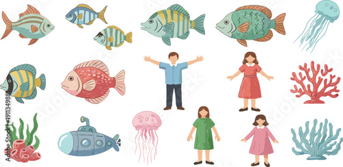 Illustration of people and diverse marine life surrounding them in a vibrant ocean scene