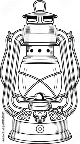 Vintage kerosene lantern line art illustration isolated on white background antique oil lamp vector engraving style detailed lighting design