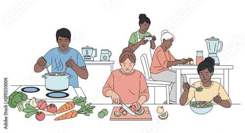 Diverse family cooking healthy food together in a bright kitchen