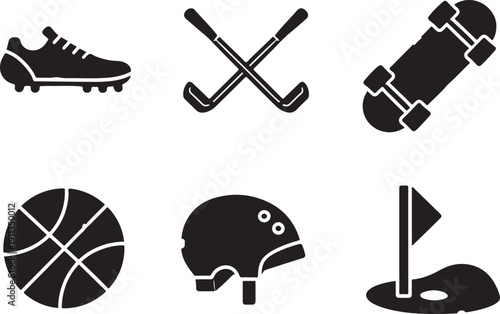 Assorted sports equipment icons showcasing various athletic activities isolated on white background, illustration