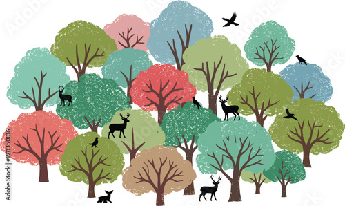 Deer grazing among colorful trees in a serene forest landscape viewed from above