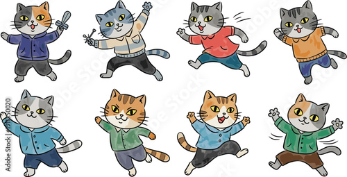 Eight cartoon cats in various colorful outfits dancing together in a joyful playful scene