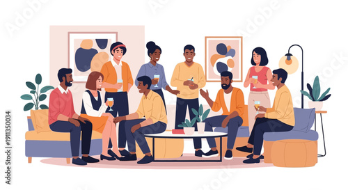 Diverse group of friends enjoying a casual gathering at home, socializing and drinking