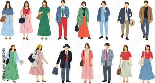 Diverse group of people in various outfits and accessories standing together in a stylized illustration
