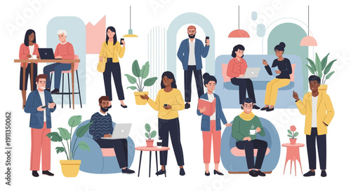 Diverse group of people collaborating and relaxing in a modern co-working space