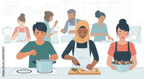 Diverse group of people cooking together in a bright, modern kitchen class