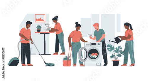 Diverse group of people doing household chores together, cleaning and laundry