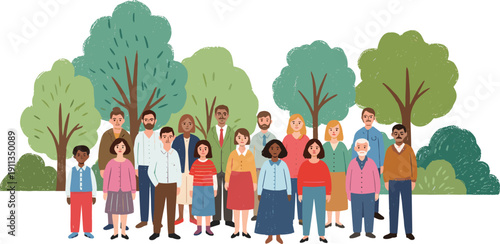 Diverse community gathering in a serene park environment, viewed from a slight elevation, capturing people and trees.