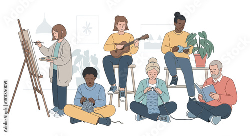 Diverse group of people enjoying creative hobbies and leisure activities indoors