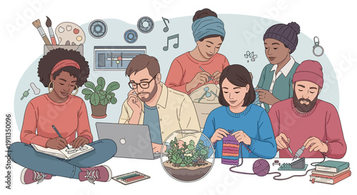 Diverse group of people engaged in creative hobbies and remote work, fostering community and collaboration.