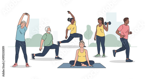 Diverse group of people exercising outdoors in a park, promoting healthy lifestyle and fitness.