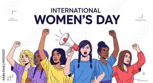 Diverse women unite in solidarity, raising fists and voices for empowerment and gender equality celebration