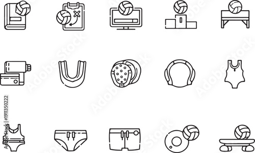 Water polo equipment and apparel icons isolated on white background, illustration